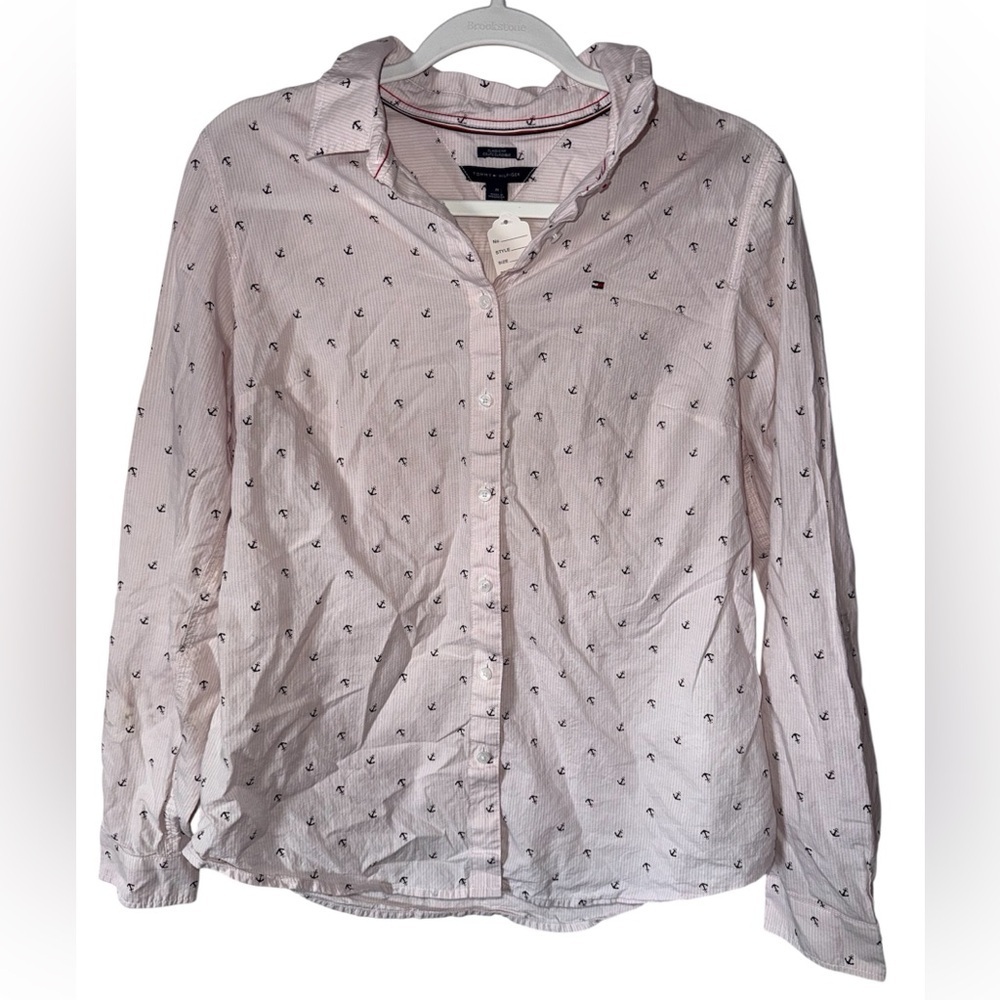 Tommy Hilfiger Light Pink Anchor Button Up collar Shirt Mens size Medium